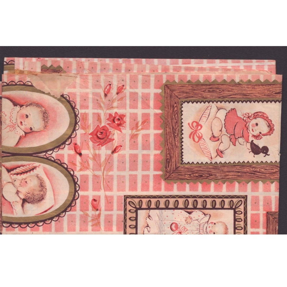 Vintage Mid Century Baby Gift Wrap Ephemera Pink Rose Blue Sleeping Infant G-VG - Picture 3 of 6